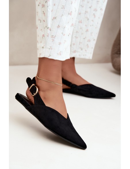 Black Ballerinas With Open Heel, Ruched Strap And Buckle Harton