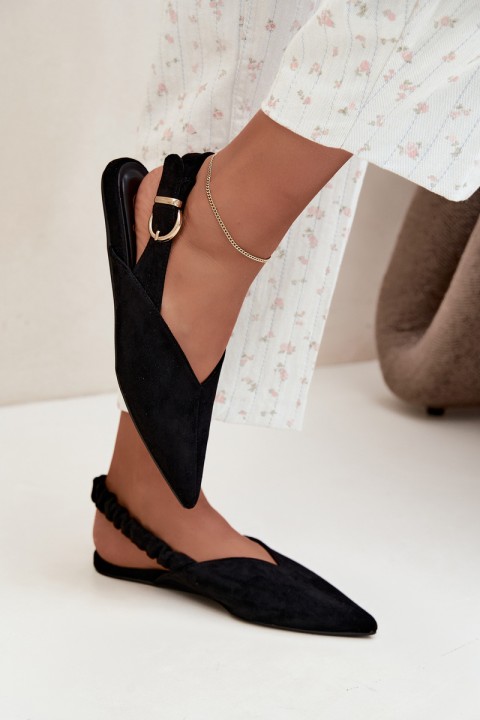 Black Ballerinas With Open Heel, Ruched Strap And Buckle Harton