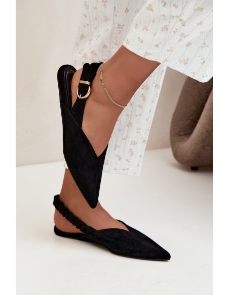 Black Ballerinas With Open Heel, Ruched Strap And Buckle Harton