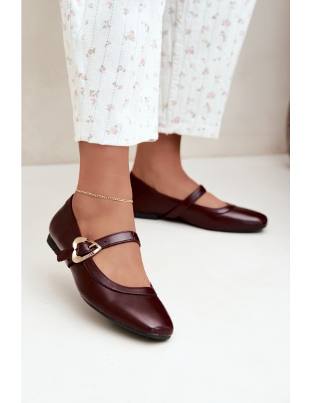 Burgundy Ballet Flats with Heart Buckle Relsa