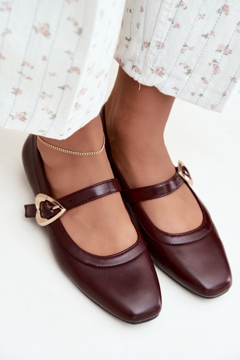 Burgundy Ballet Flats with Heart Buckle Relsa