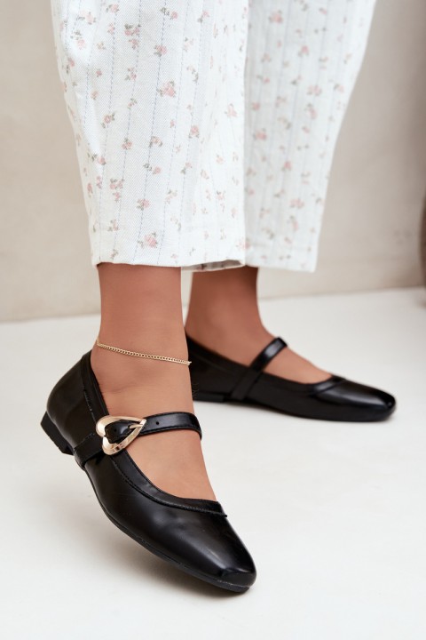 Women's Black Heart Buckle Ballerinas Relsa