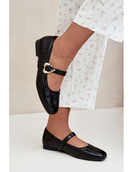 Women's Black Heart Buckle Ballerinas Relsa