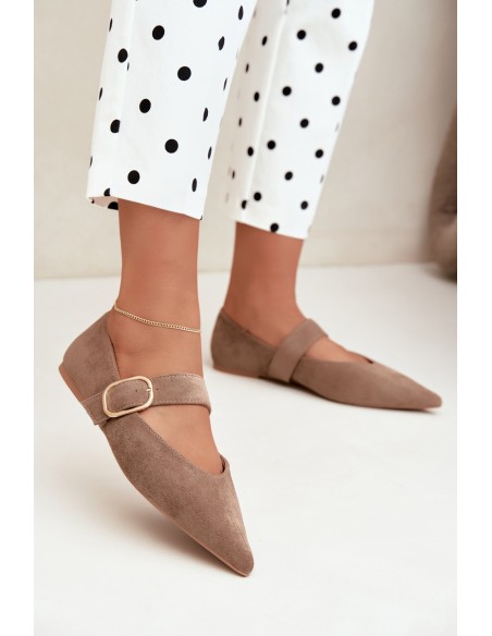 Women's Ballerina Flats With Strap and Buckle Dark Beige Melby