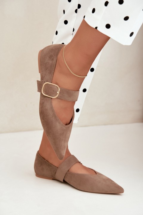 Women's Ballerina Flats With Strap and Buckle Dark Beige Melby