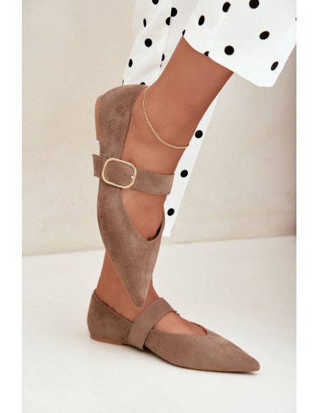 Women's Ballerina Flats With Strap and Buckle Dark Beige Melby